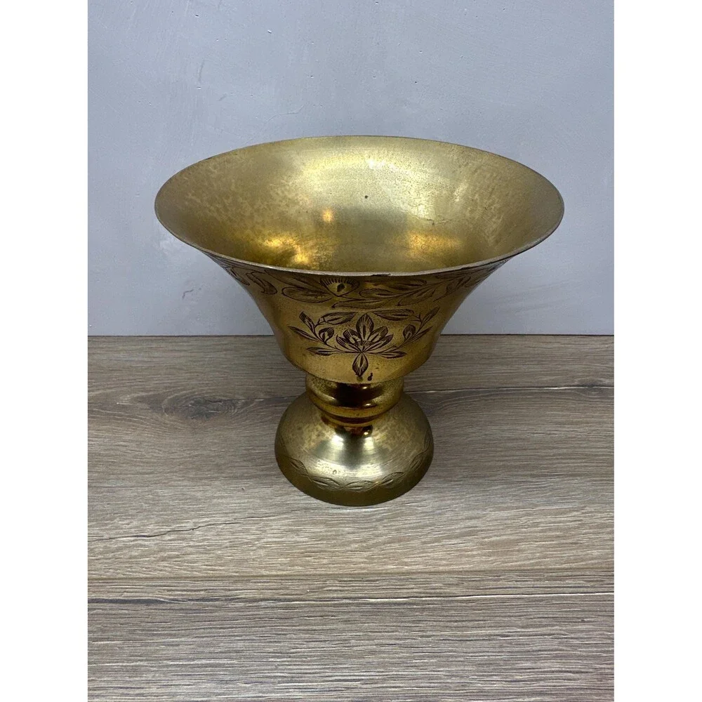 Vintage Solid Brass Floral Etched Footed Vase Planter, Made in India, 8x6.5 Inch